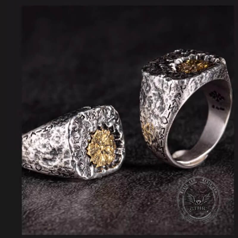 Viking Vegvisir Runes Sterling Silver Inlaid Brass Open Ring – GTHIC