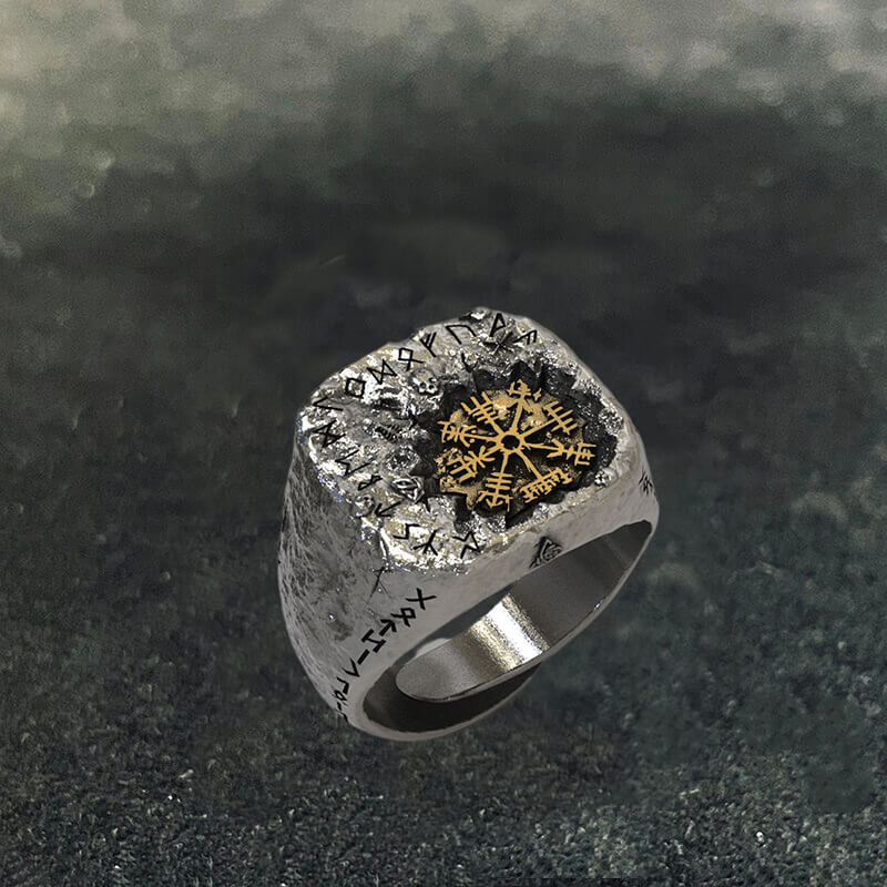 Viking Vegvisir Runes Sterling Silver Inlaid Brass Open Ring – GTHIC