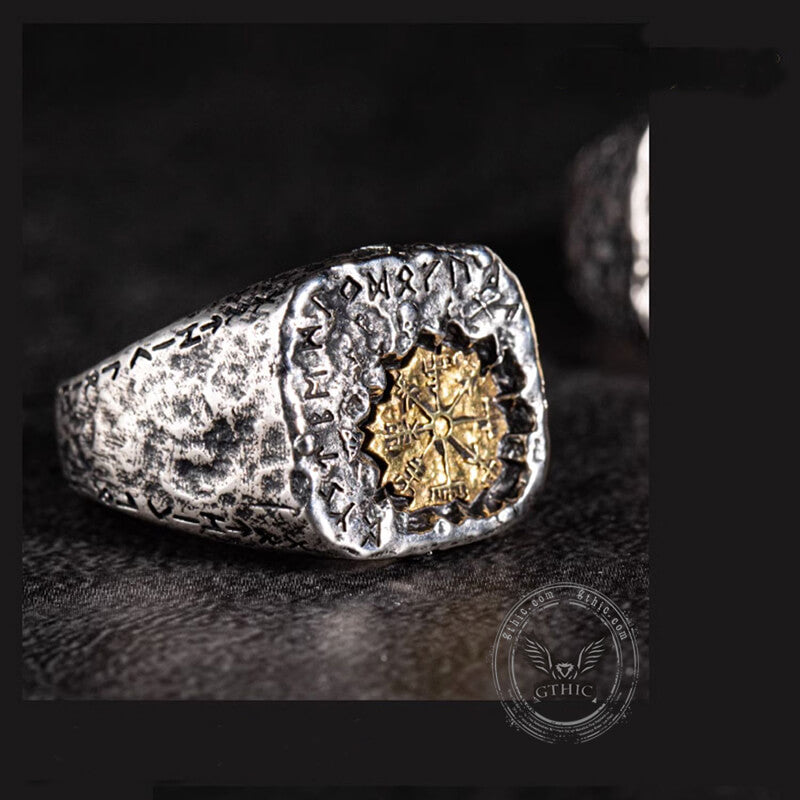 Viking Vegvisir Runes Sterling Silver Inlaid Brass Open Ring – GTHIC