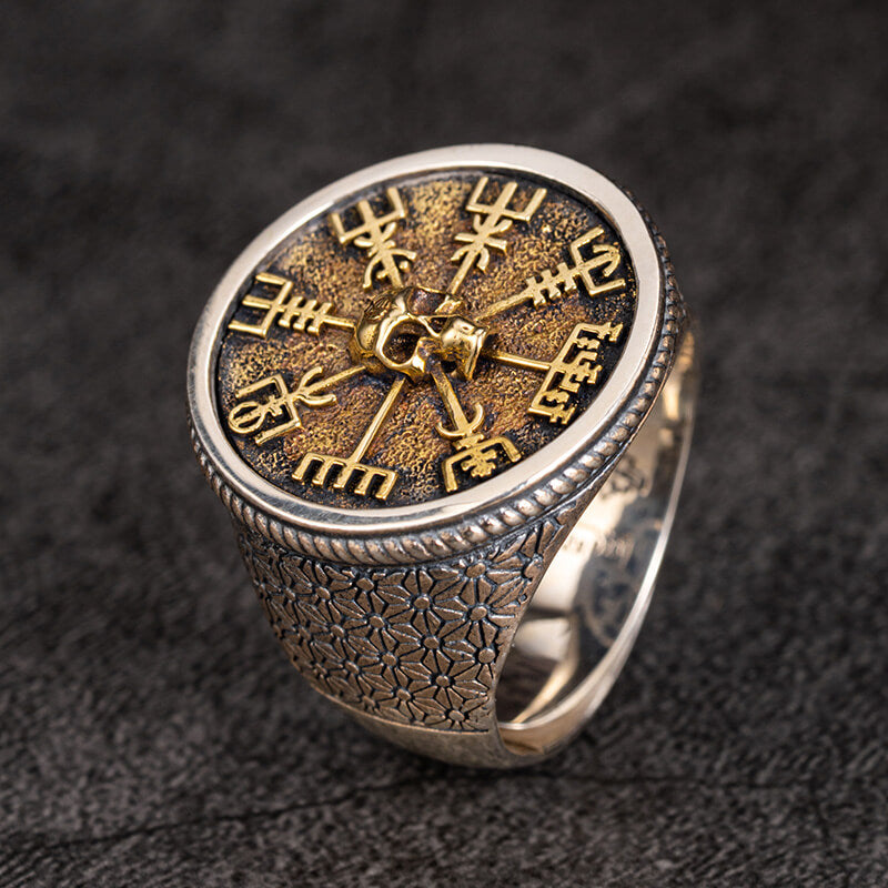 Viking Vegvisir Sterling Skull Silver Inlaid Brass Ring | Gthic.com