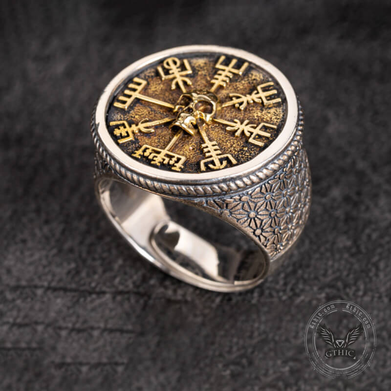 Viking Vegvisir Sterling Skull Silver Inlaid Brass Ring | Gthic.com