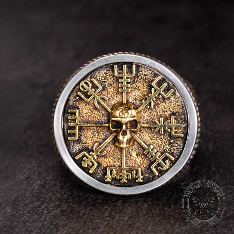 Viking Vegvisir Sterling Skull Silver Inlaid Brass Ring | Gthic.com