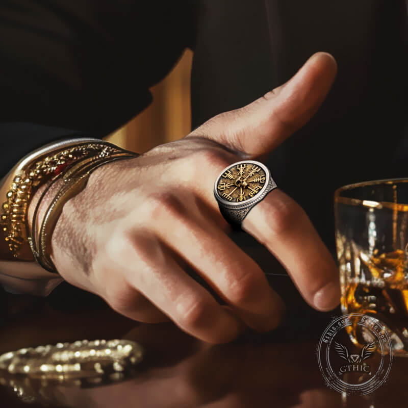 Viking Vegvisir Sterling Skull Silver Inlaid Brass Ring | Gthic.com