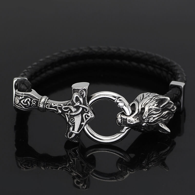 Viking Wolf Head Stainless Steel Leather Bracelet | Gthic.com