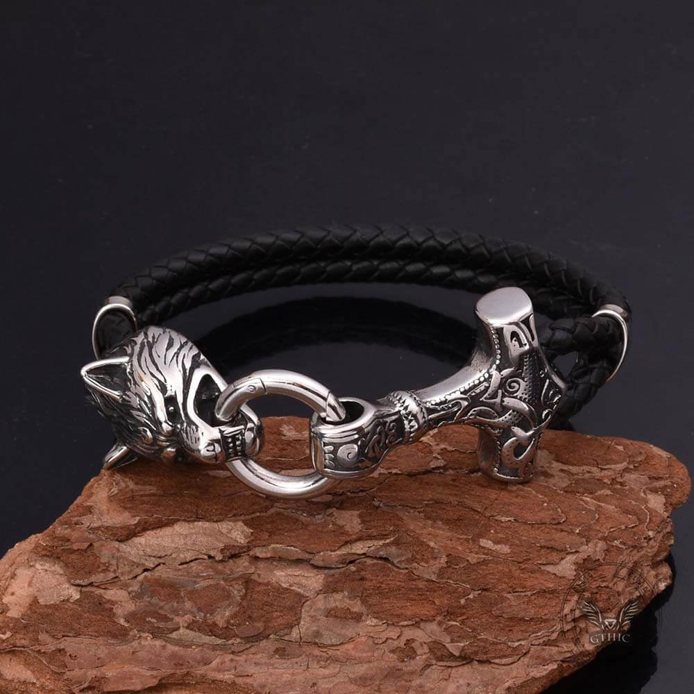 Viking Wolf Head Stainless Steel Leather Bracelet | Gthic.com