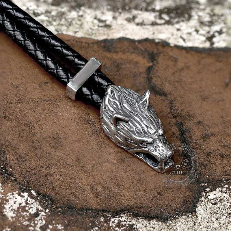 Viking Wolf Head Stainless Steel Leather Bracelet | Gthic.com