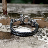 Viking Wolf Head Stainless Steel Leather Bracelet