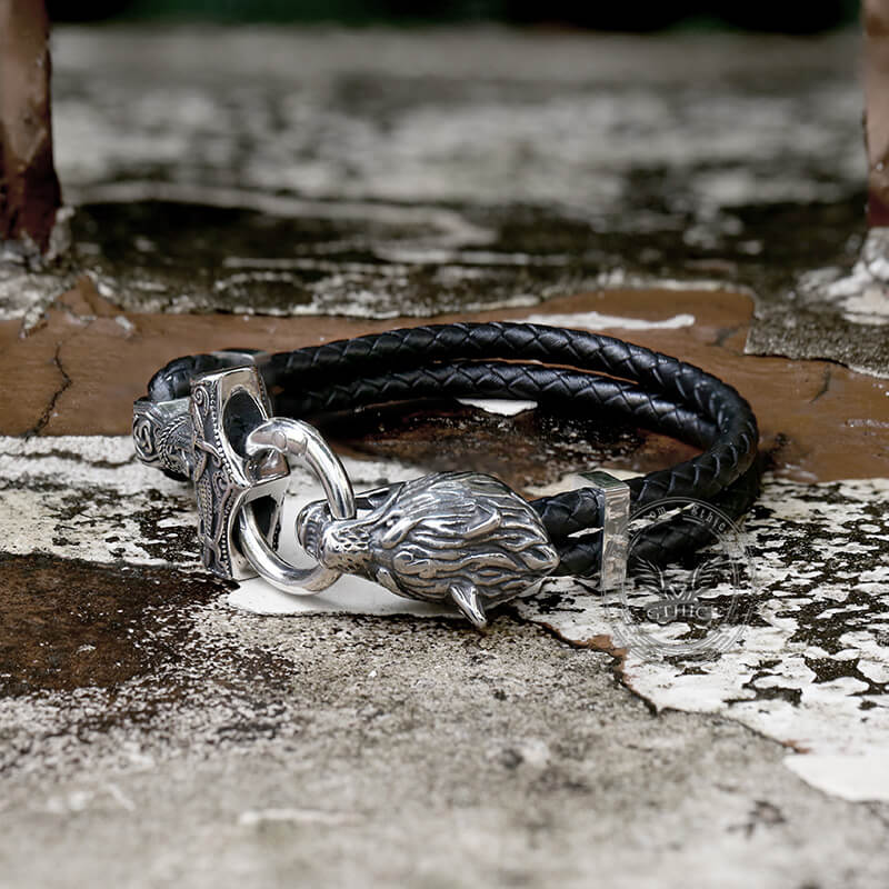Viking Wolf Head Stainless Steel Leather Bracelet | Gthic.com