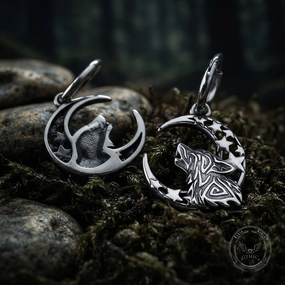 Viking Wolf Moon Stainless Steel Drop Earrings