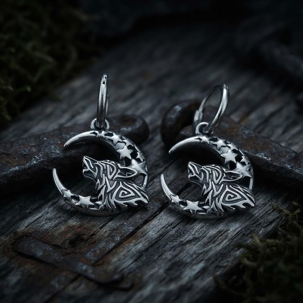 Viking Wolf Moon Stainless Steel Drop Earrings | Gthic.com