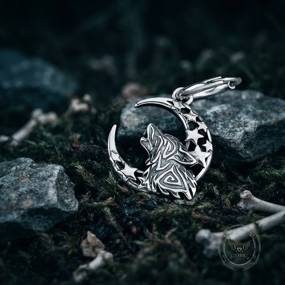 Viking Wolf Moon Stainless Steel Drop Earrings