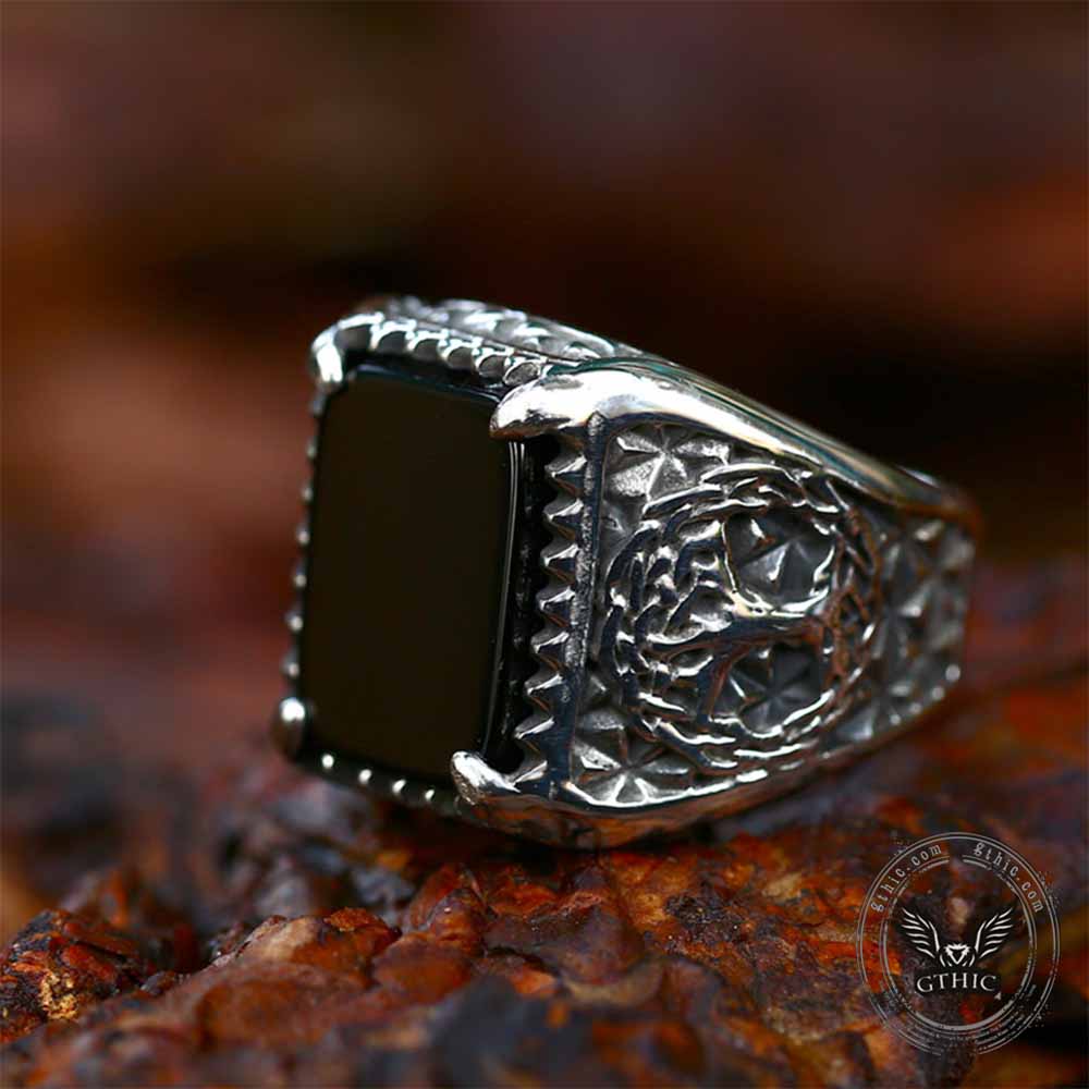 Viking Wolf Tree of Life Stainless Steel Gem Ring