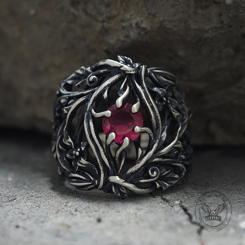 Vines Design Inlaid Gem Sterling Silver Ring | Gthic.com