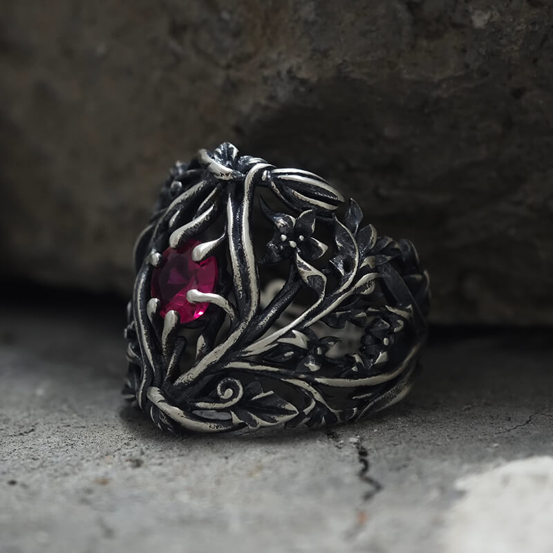 Vines Design Inlaid Gem Sterling Silver Ring | Gthic.com