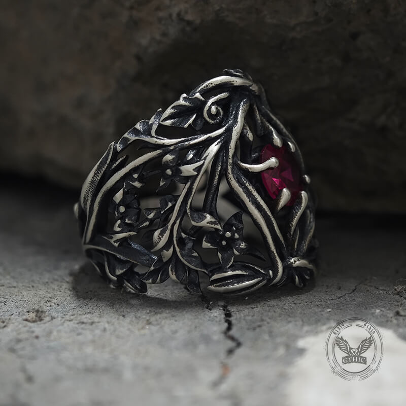 Vines Design Inlaid Gem Sterling Silver Ring | Gthic.com
