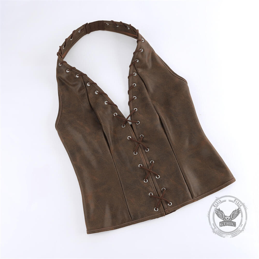 Vintage-Style Cutout Lace-Up Halter Sleeveless Top