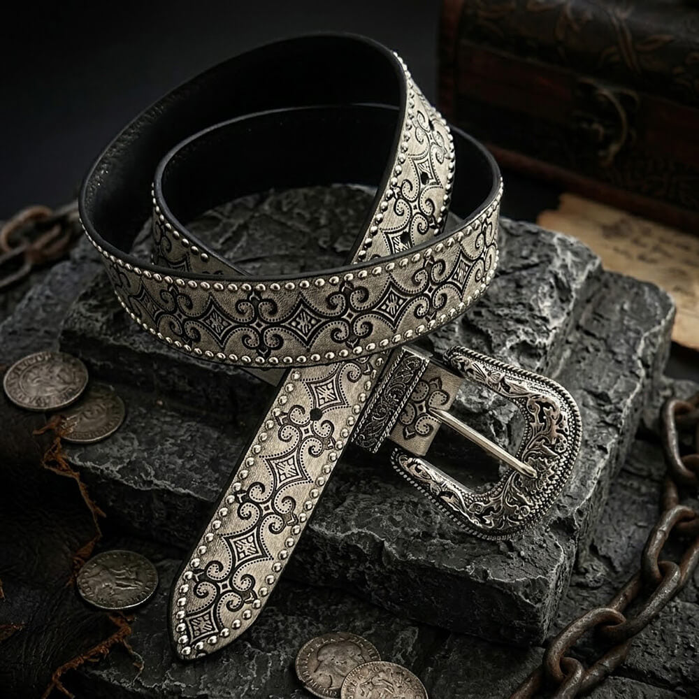 Vintage-Style Patterns And Studs PU Leather Belt | Gthic.com