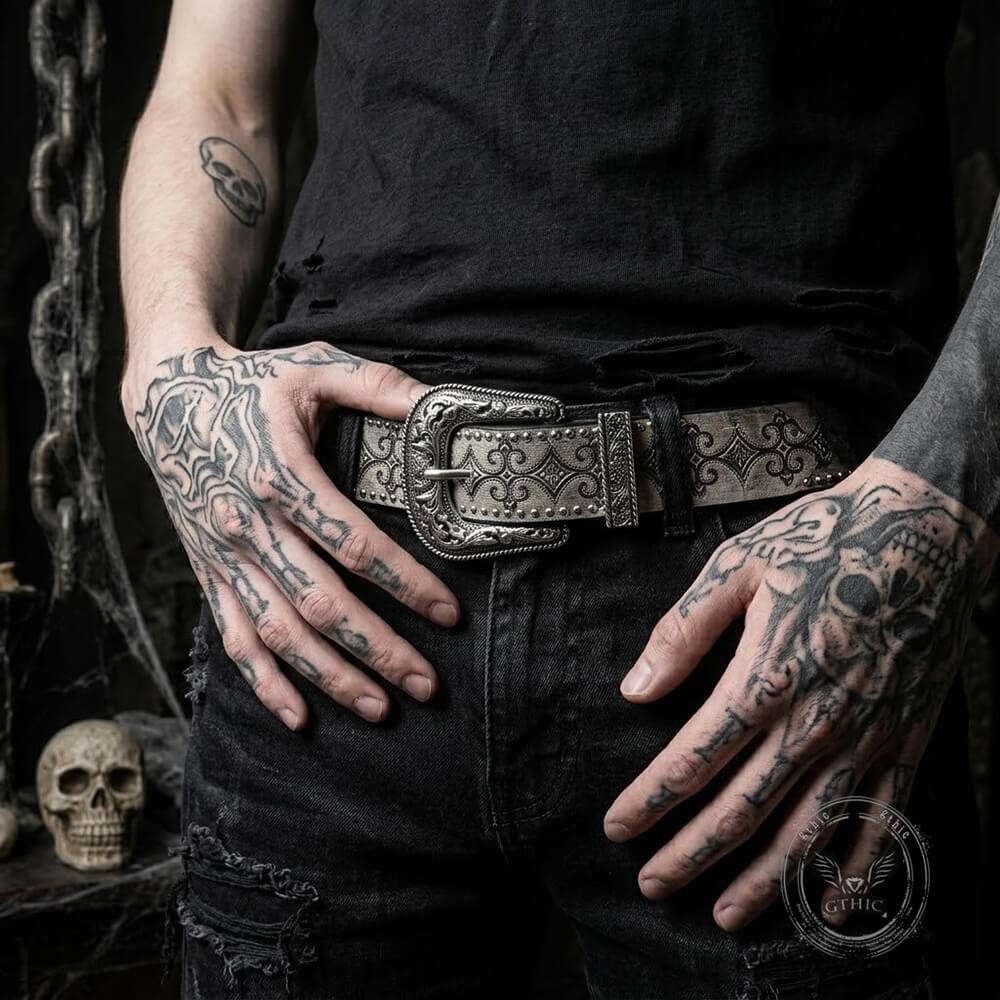 Vintage-Style Patterns And Studs PU Leather Belt | Gthic.com