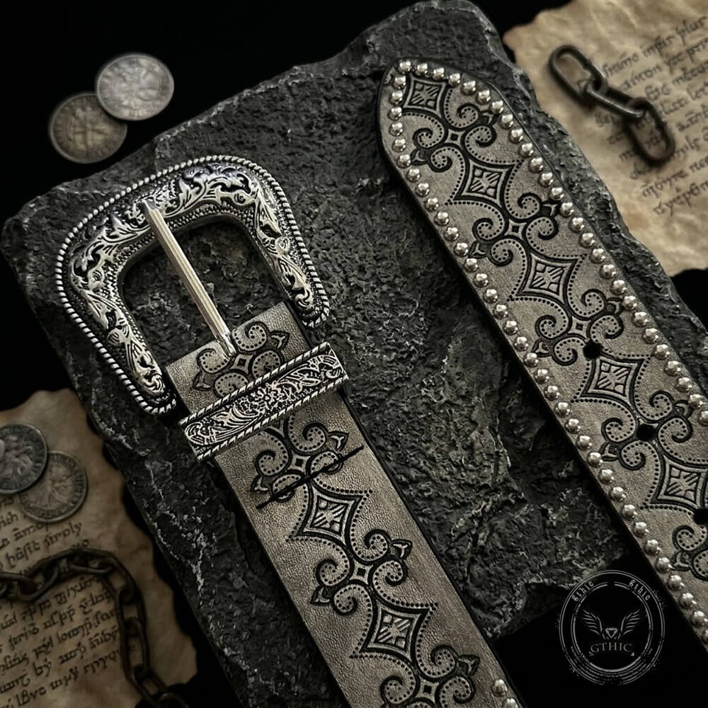 Vintage-Style Patterns And Studs PU Leather Belt