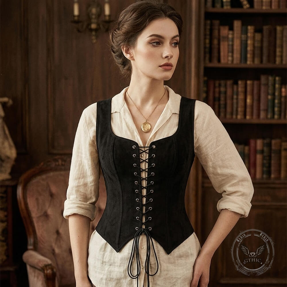 Vintage-Style Square-Neck Fitted Lace-Up Vest Top | Gthic.com