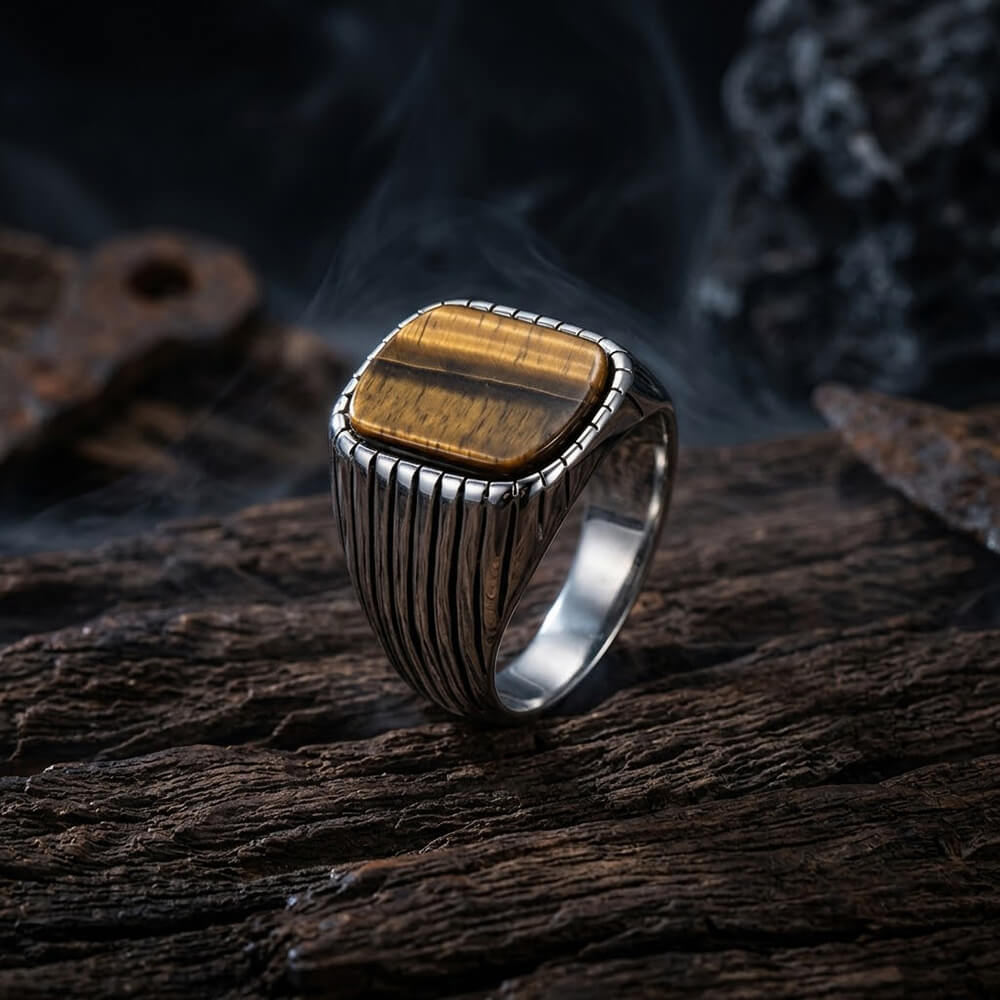 Vintage-Style Turquoise Stainless Steel Striped Ring | Gthic.com