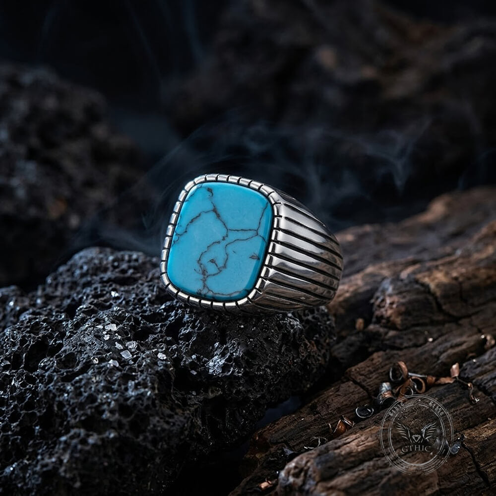 Vintage-Style Turquoise Stainless Steel Striped Ring