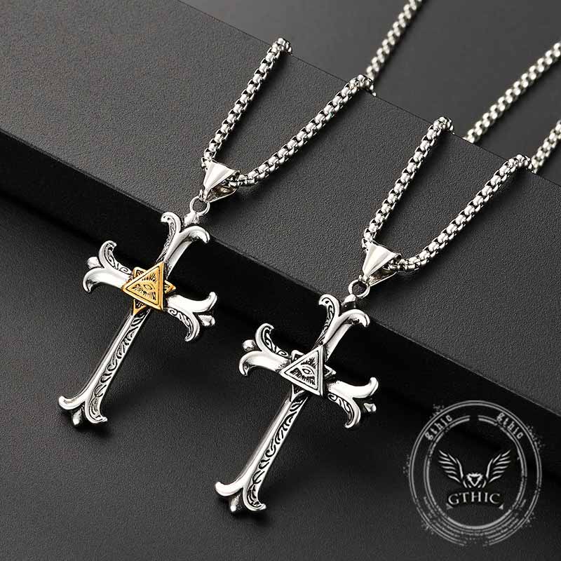 Vintage All-Seeing Eye Cross Stainless Steel Pendant 01 | Gthic.com