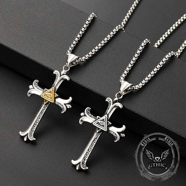 Vintage All-Seeing Eye Cross Stainless Steel Pendant 01 | Gthic.com