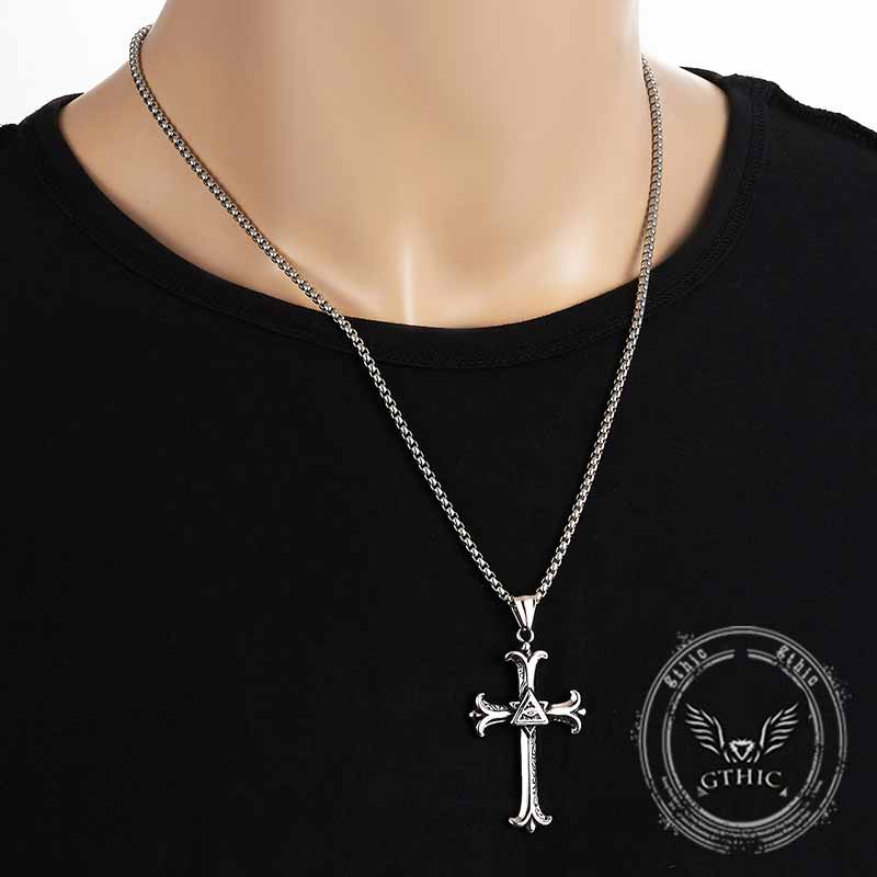 Vintage All-Seeing Eye Cross Stainless Steel Pendant 02 | Gthic.com