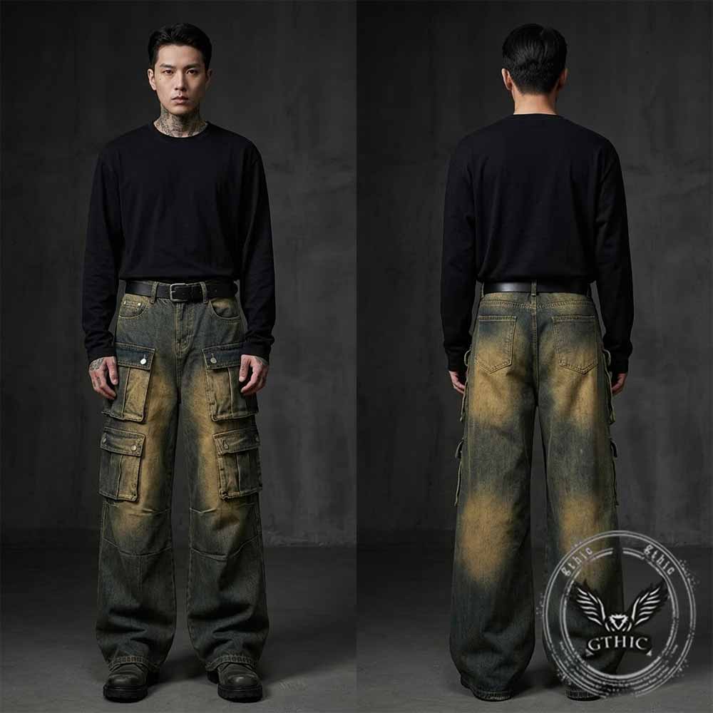 Vintage American Distressed Multi-Pocket Cargo Jeans | Gthic.com