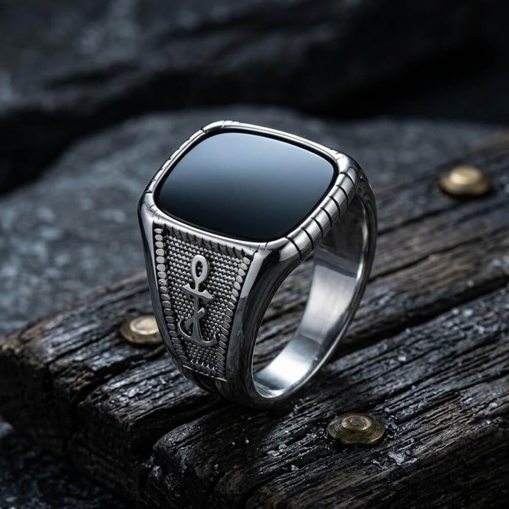 Vintage Anchor Square Gemstone Stainless Steel Ring