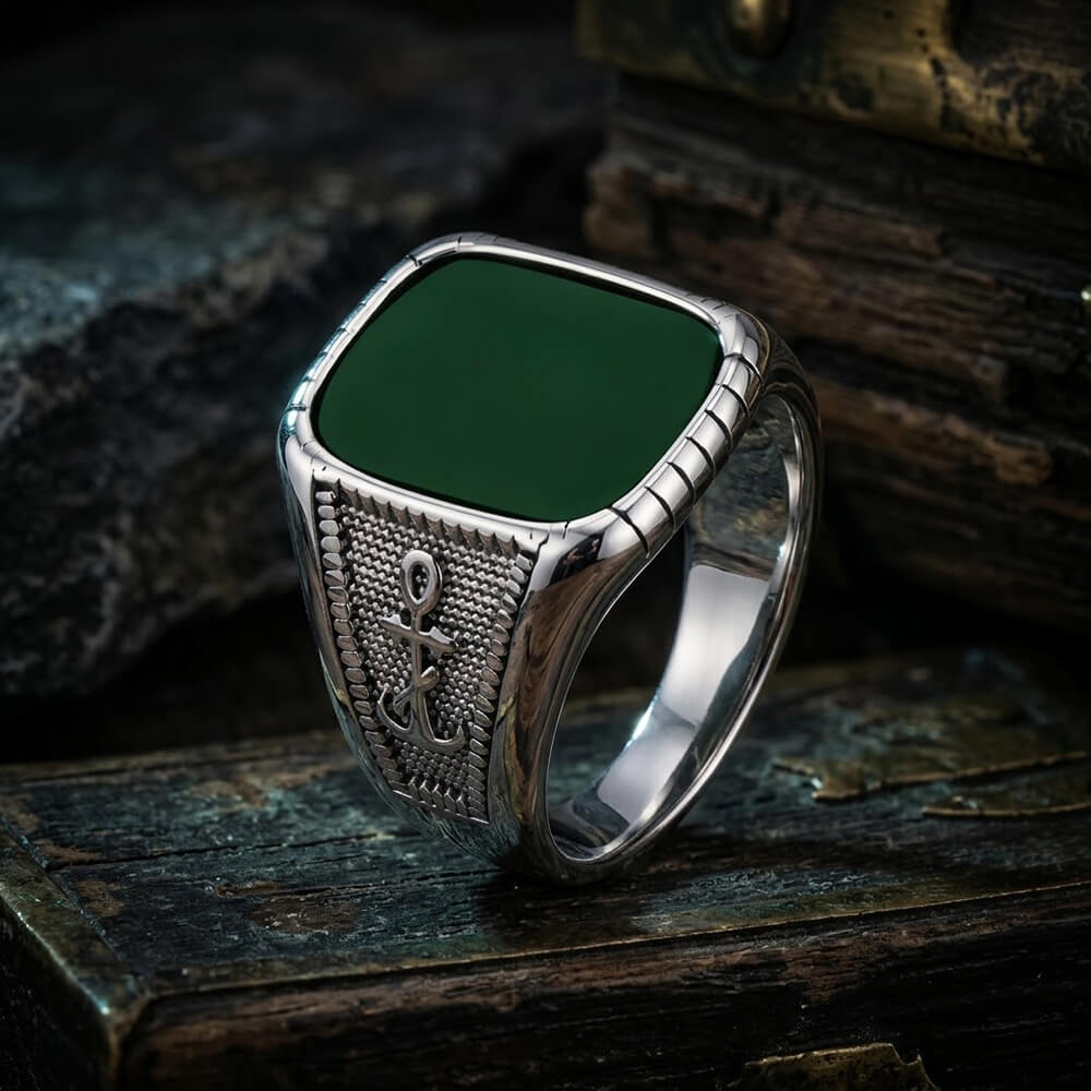 Vintage Anchor Square Gemstone Stainless Steel Ring