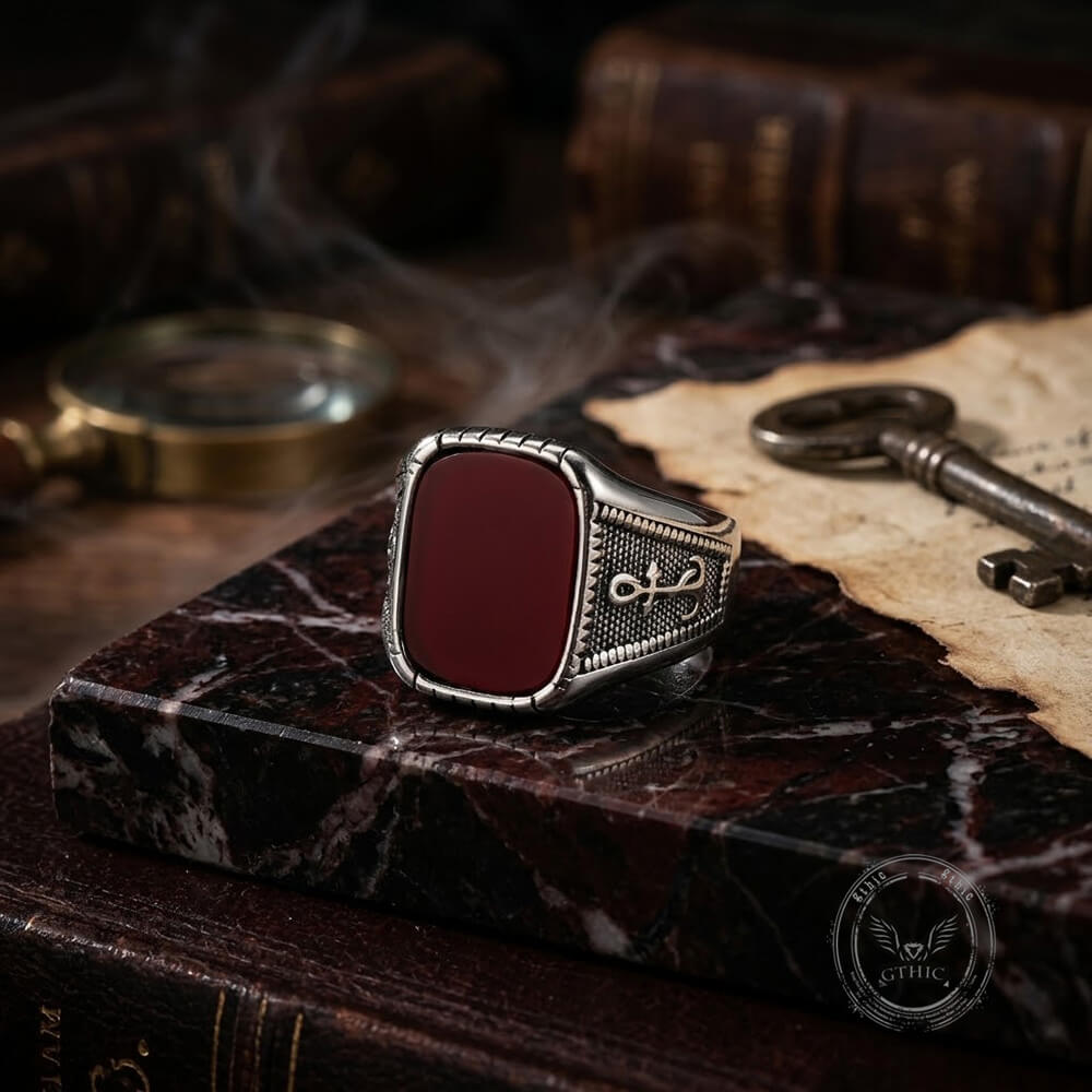 Vintage Anchor Square Gemstone Stainless Steel Ring