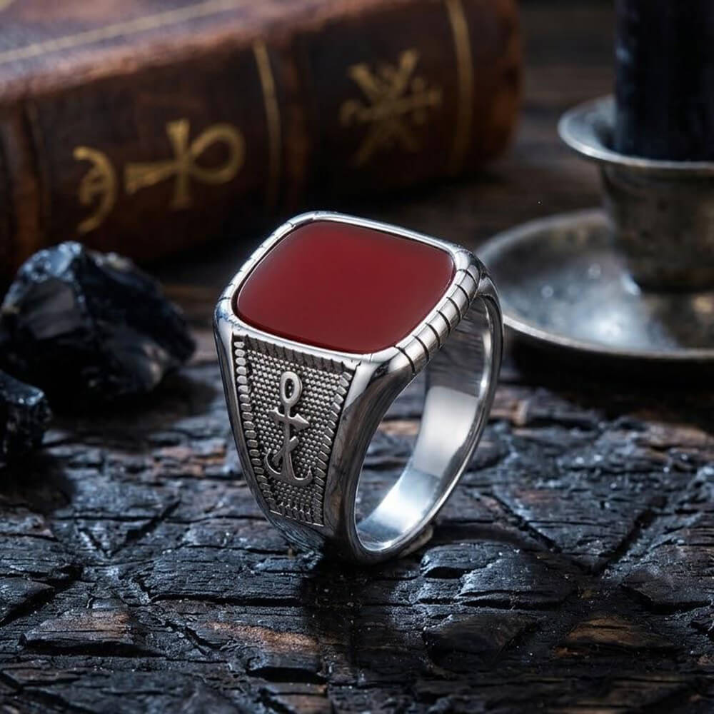Vintage Anchor Square Gemstone Stainless Steel Ring | Gthic.com