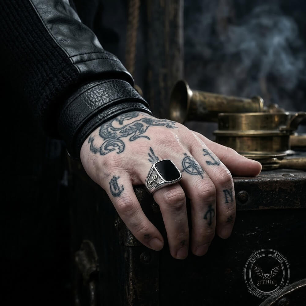 Vintage Anchor Square Gemstone Stainless Steel Ring | Gthic.com