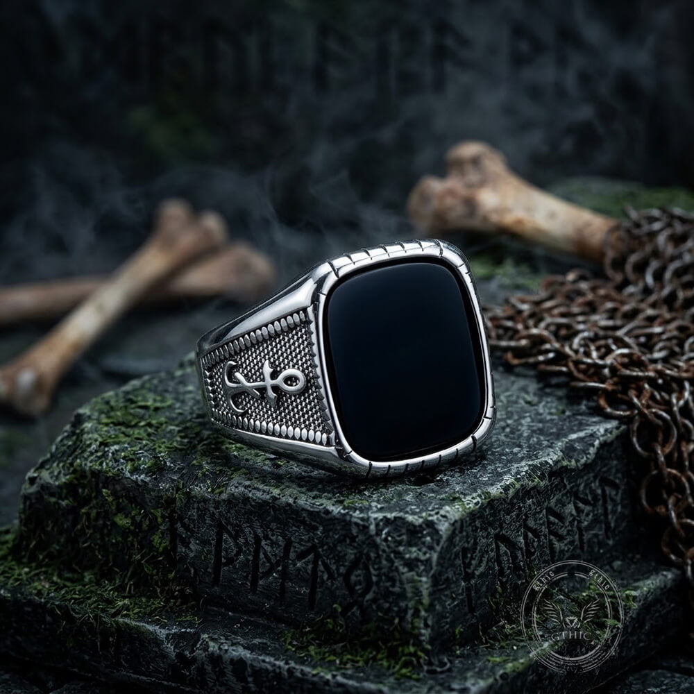 Vintage Anchor Square Gemstone Stainless Steel Ring