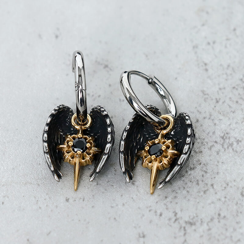 Vintage Angel Wing Cross Star Stainless Steel Earrings | Gthic.com