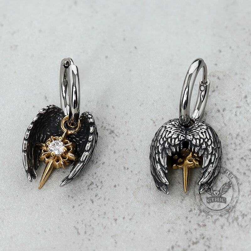 Pendientes de aro de acero inoxidable con alas de ángel