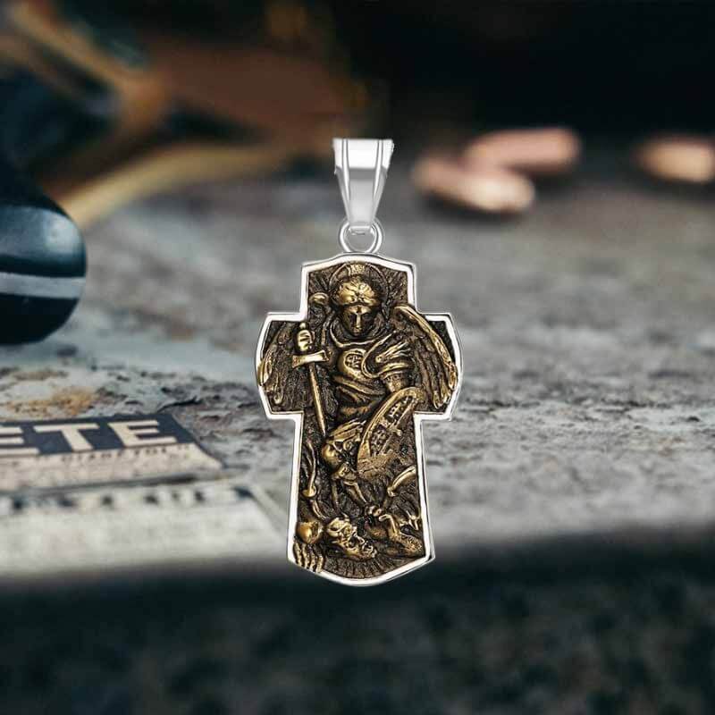 Vintage Archangel Saint Michael Cross Stainless Steel Pendant | Gthic.com
