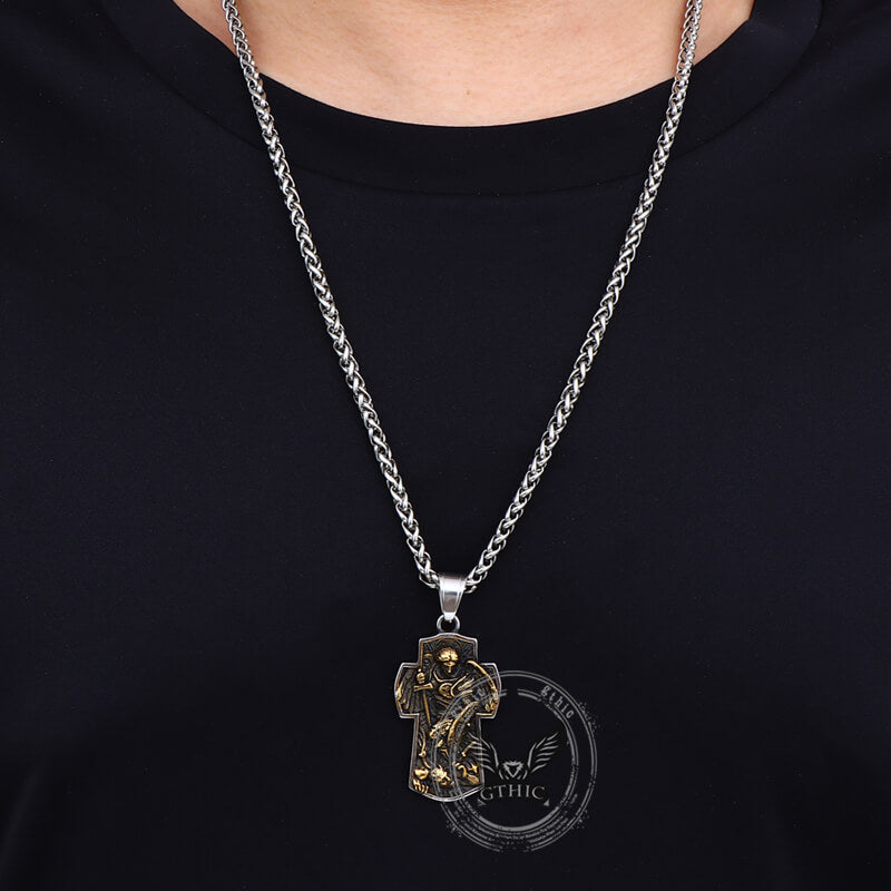 Vintage Archangel Saint Michael Cross Stainless Steel Pendant