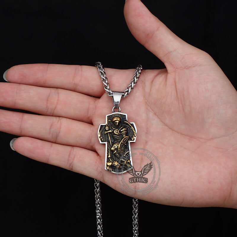 Vintage Archangel Saint Michael Cross Stainless Steel Pendant