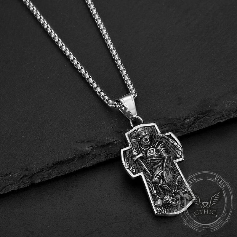 Vintage Archangel Saint Michael Cross Stainless Steel Pendant | Gthic.com