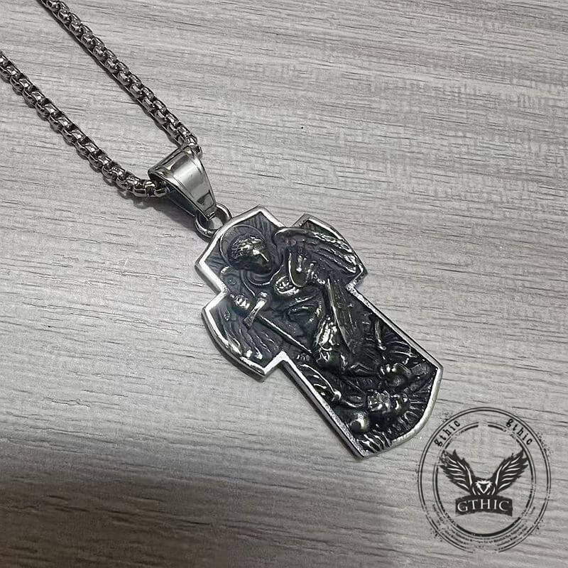 Vintage Archangel Saint Michael Cross Stainless Steel Pendant