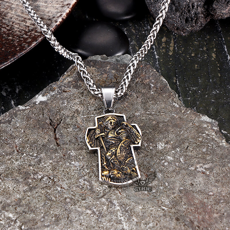 Vintage Archangel Saint Michael Cross Stainless Steel Pendant