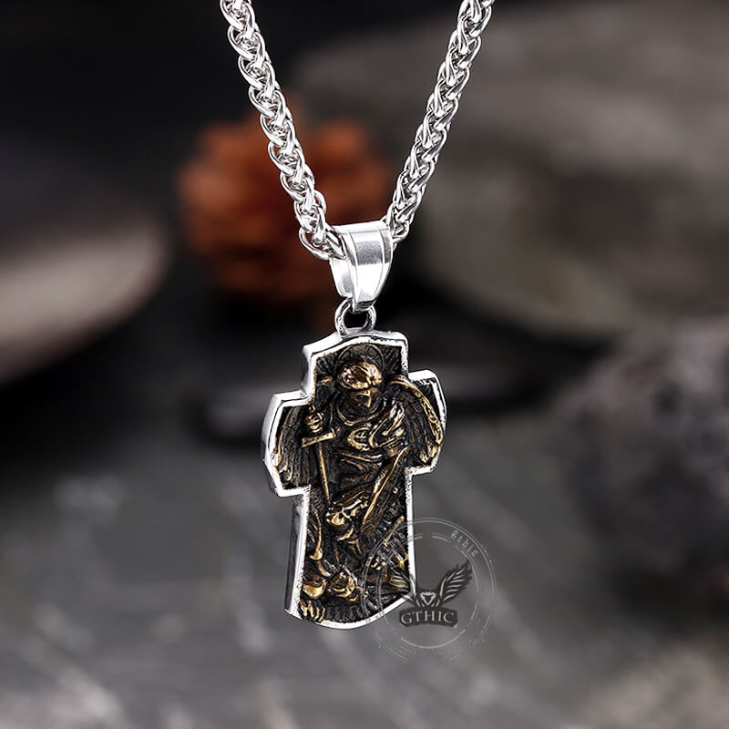 Vintage Archangel Saint Michael Cross Stainless Steel Pendant