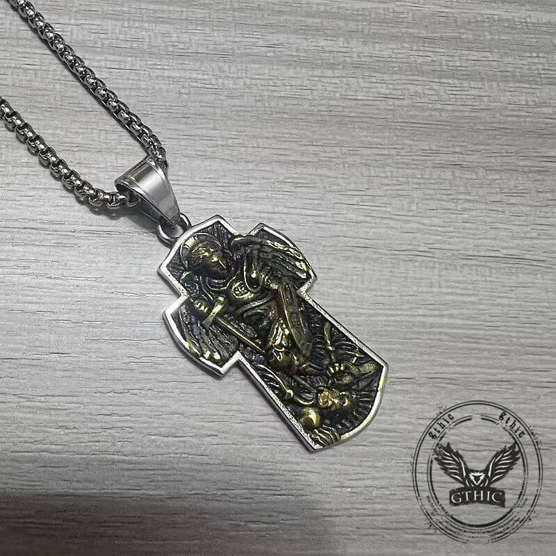 Vintage Archangel Saint Michael Cross Stainless Steel Pendant