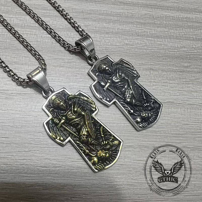 Vintage Archangel Saint Michael Cross Stainless Steel Pendant
