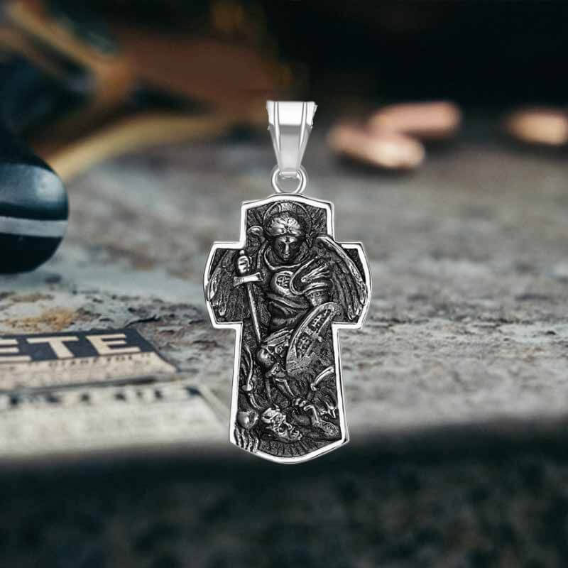 Vintage Archangel Saint Michael Cross Stainless Steel Pendant | Gthic.com