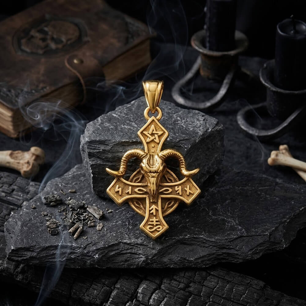 Vintage Baphomet Ram's Head Stainless Steel Cross Pendant