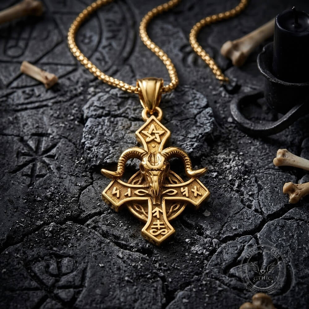 Vintage Baphomet Ram's Head Stainless Steel Cross Pendant
